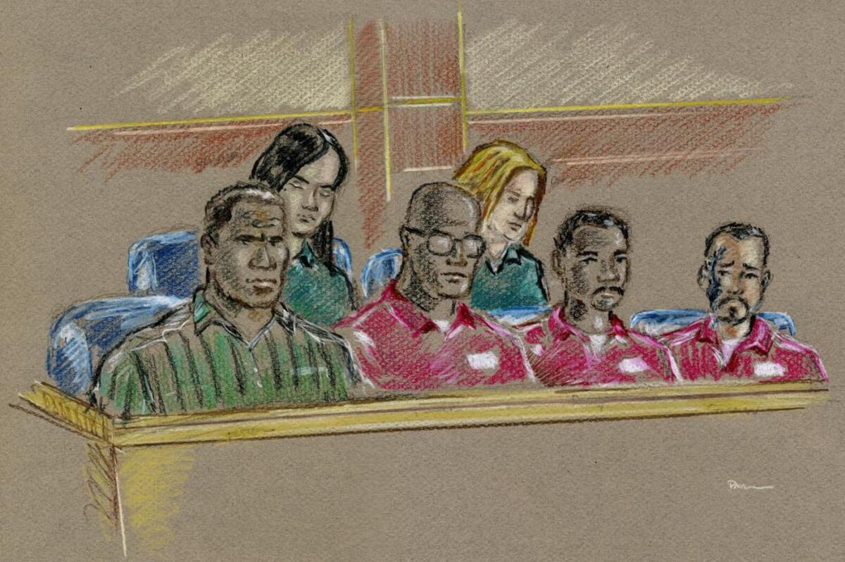 Charged in the federal drug-conspiracy case are (front row, left to right), Fresno police Deputy Chief Keith Foster, Randy Flowers, Dennis Foster, Rafael Guzman; back row (left to right) Sarah Ybarra and Jennifer Donabedian. All but Keith Foster have reached plea deals in the case.