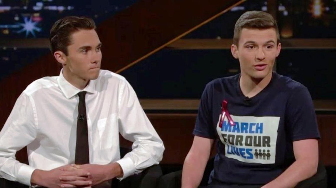 David Hogg, 17, (left) and Cameron Kasky, 17, (right) were featured guests in a 10-minute segment on HBO’s “Real Time With Bill Maher” on March 2, 2018.