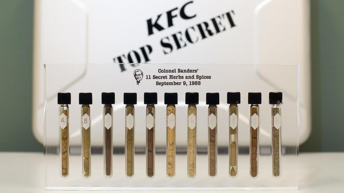 A commemorative representation of the 11 secret herbs and spices Colonel Harland Sanders made famous in his recipe for Kentucky Fried Chicken is shown at KFC Headquarters in Louisville, Ky.