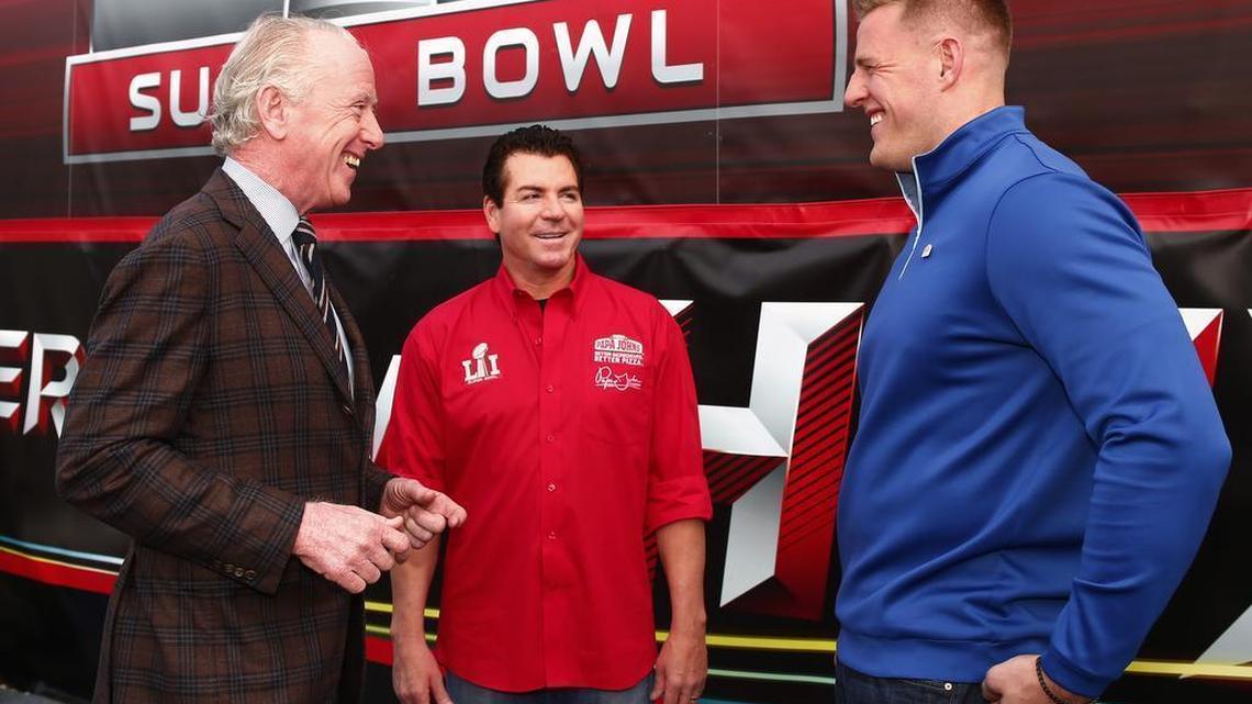 Papa John's founder, chairman and CEO John Schnatter talks with Archie Manning and JJ Watt on Super Bowl 51 Radio Row, Thursday, Feb. 2, 2017, in Houston.