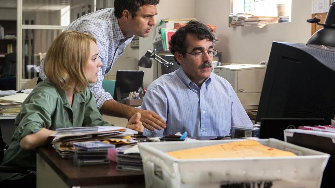Rachel McAdams, from left, as Sacha Pfeiffer, Mark Ruffalo as Michael Rezendes and Brian d’Arcy James as Matt Carroll, in "Spotlight," which was named Best Picture at the 88th annual Academy Awards.