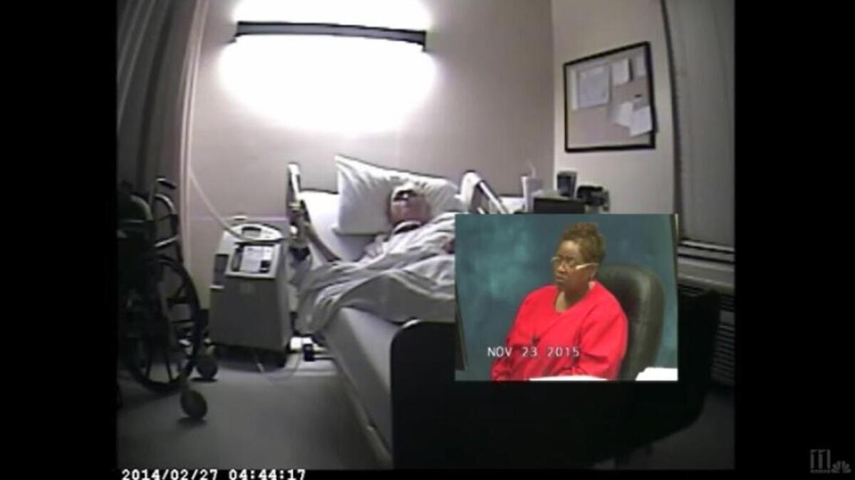A hidden video of James Dempsey is shown during a trial after his family sued the nursing home that was supposed to be caring for him. The image in the foreground is of Wanda Nuckles, the nursing supervisor on duty that night, testifying at the trial.
