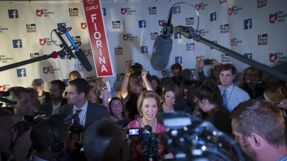 
Republican presidential candidate Carly Fiorina speaks to the media after debating six rivals for the Republican presidential nomination. Fiorina’s performance has boosted her standing in the crowded field.
