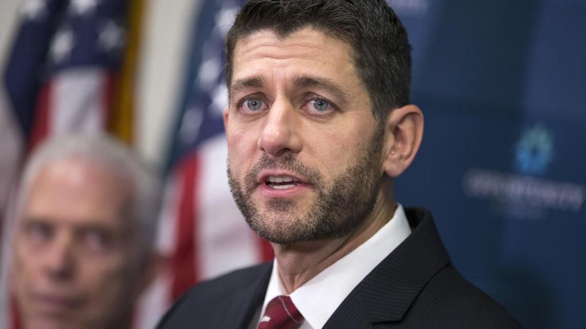 House Speaker Paul Ryan of Wis., accompanied by Rep. Bill Johnson, R-Ohio, a member of the House Energy and Commerce Committee, meet with reporters following a GOP strategy session on Capitol Hill in Washington, Tuesday, Dec. 1, 2015.