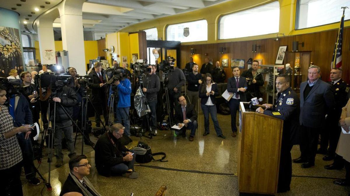 Police Commissioner Richard Ross speaks with members of the media during a news conference Friday, Jan. 8, 2016, in Philadelphia. A gunman ambushed a police officer in his marked cruiser at an intersection, striking him multiple times in the arm during a barrage of bullets and fleeing before being apprehended, officials said.
