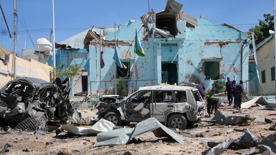 Somali security forces attend the scene of a car bomb attack in Mogadishu, Somalia, on June 20, 2017.