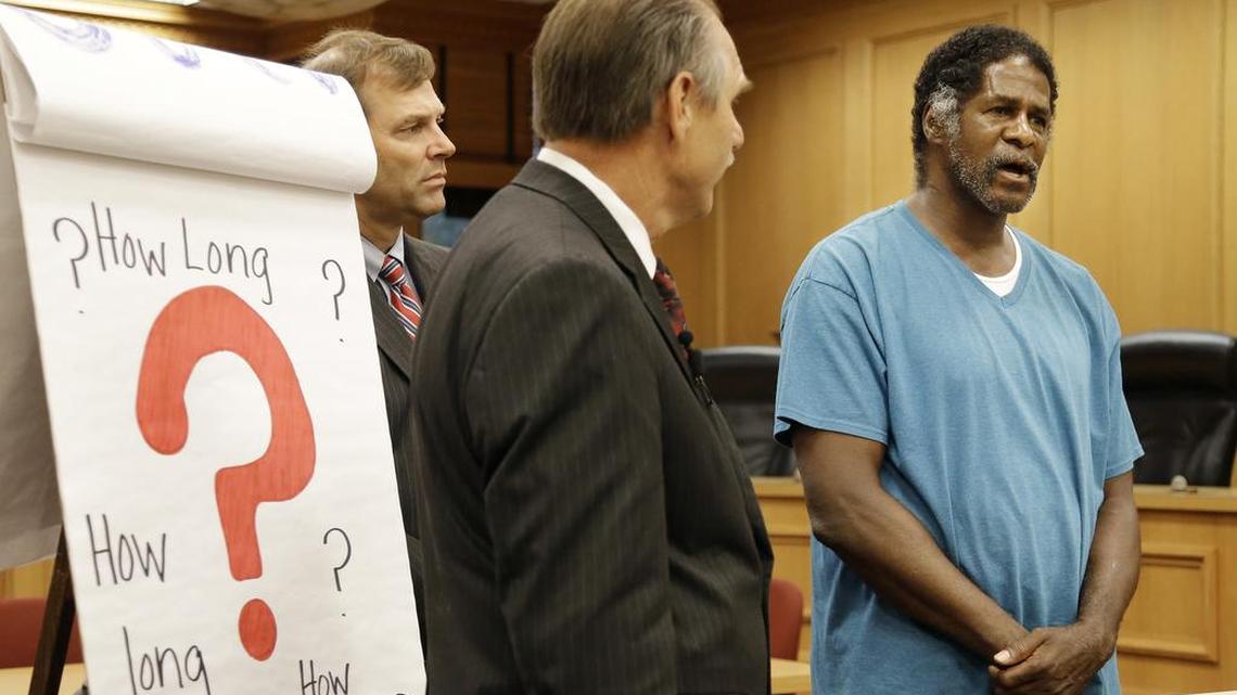 In this June 16, 2016 file photo, Lawrence McKinney, right, speaks at a news conference at the Legislative Plaza in Nashville, Tenn. His exoneration makes him eligible for compensation of up to $1 million. With McKinney are Pastor John Hunn, left, of Immanuel Baptist Church in Lebanon, Tenn., and Rep. Mark Pody, R-Lebanon, center.