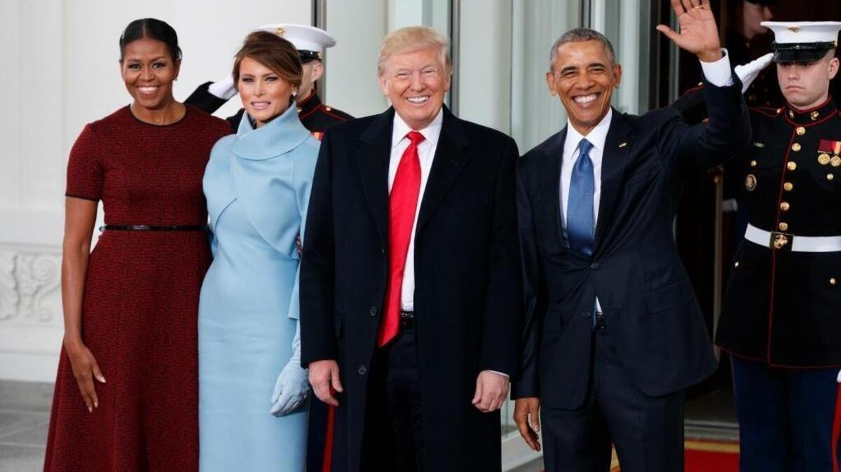 Barack and Michelle Obama with Donald and Melania Trump at the White House on the day Trump took over from Obama. Since then, Trump has cited Obama as the man behind many of Trump’s most controversial policies.