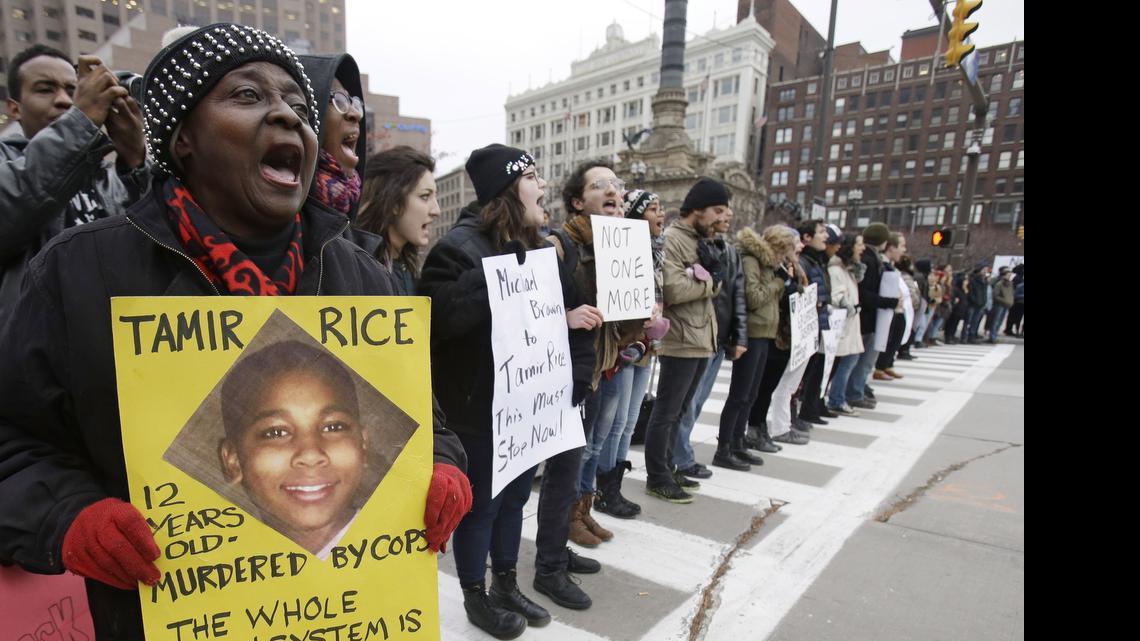 
In this Nov. 25, 2014, photo, demonstrators block Public Square in Cleveland, during a protest over the police shooting of 12-year-old Tamir Rice. 
