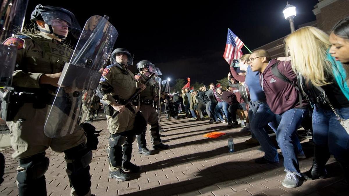 Protesters and police faced off at Texas A&M University in College Station, Texas, Tuesday as Richard Spencer, who leads a white nationalist organization, spoke. Hundreds of people protested the white nationalist's speaking engagement. On Wednesday, civil rights groups announced a new coalition designed to counter hate speech and incidents.