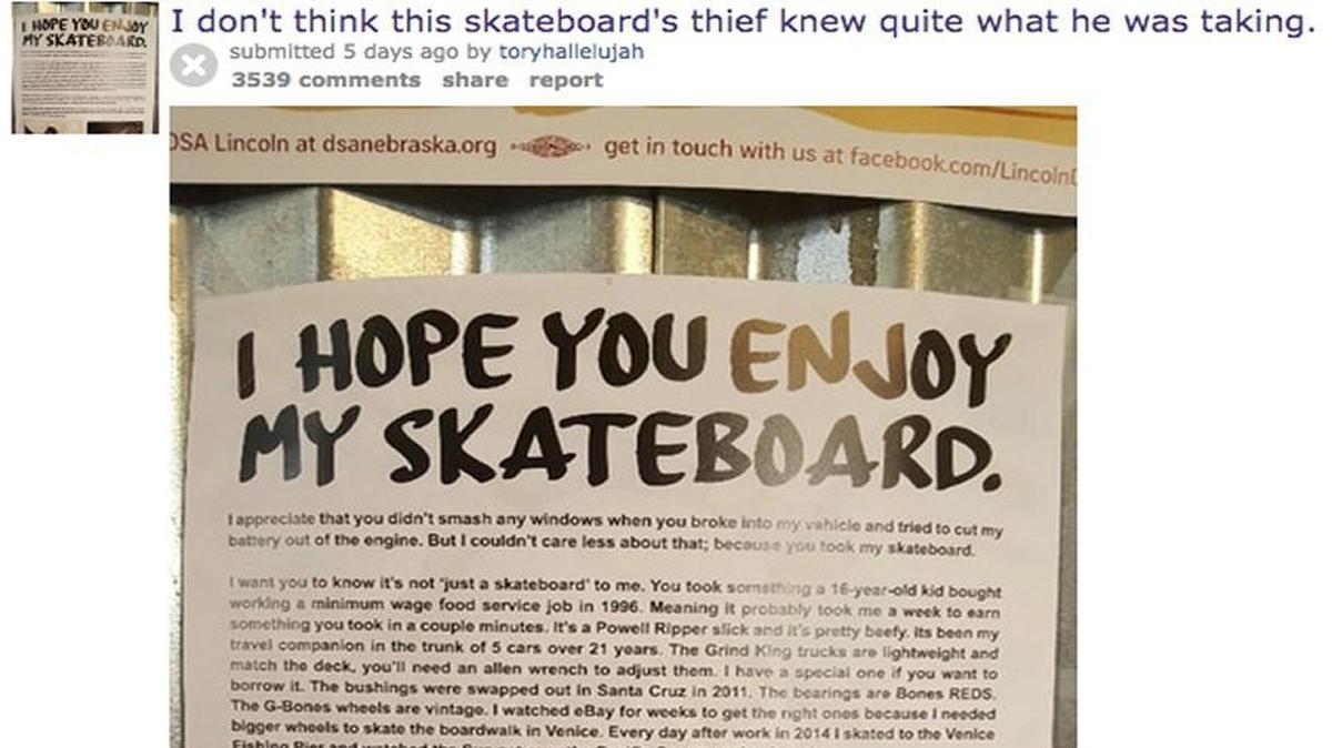 The Reddit post that made the story of T.J. Roe’s stolen skateboard a viral hit.