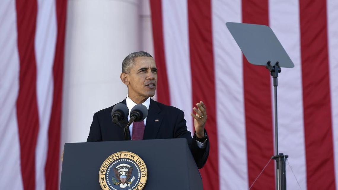 President Barack Obama speaks at the Memorial Amphitheater of Arlington National Cemetery in Arlington, Va., during Veterans Day ceremonies.
