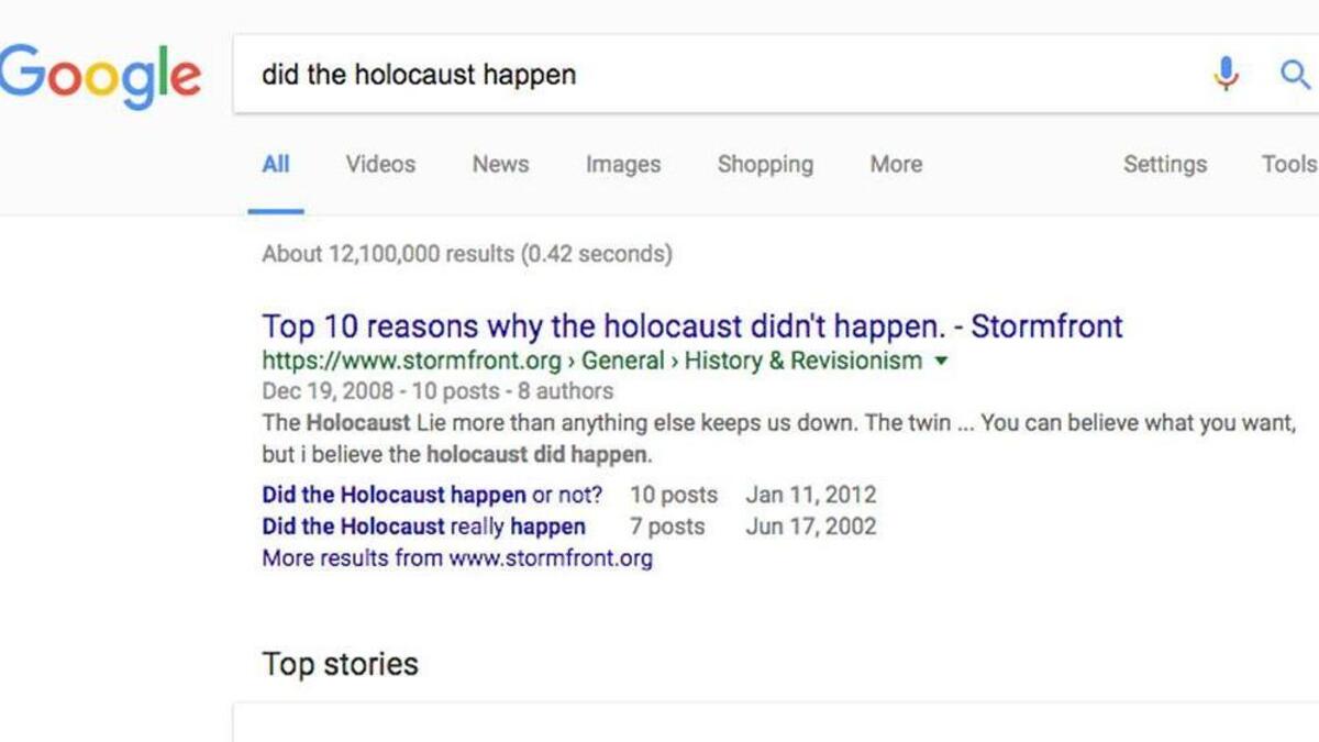 The top search result on Google returns a white supremacist site.