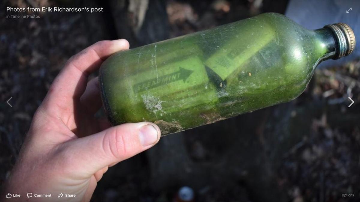 The message was stuffed into the 7-Up bottle with chewing gum and beads.