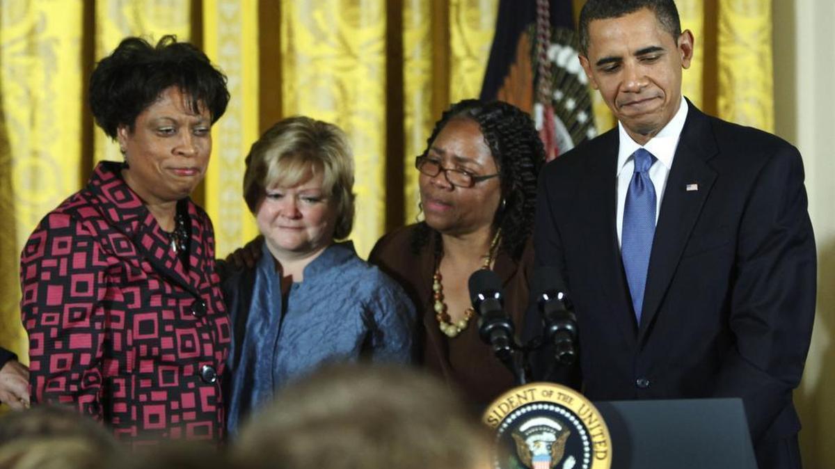 President Barack Obama reacts with the mother of Matthew Shepard, Judy Shepard, second left, and James Byrd Jr.’s sisters, Louvon Harris, left, and Betty Byrd Boatner, second right, during a reception commemorating the enactment of the Matthew Shepard and James Byrd Jr. Hate Crimes Prevention Act at the White House in Washington in October 2009.