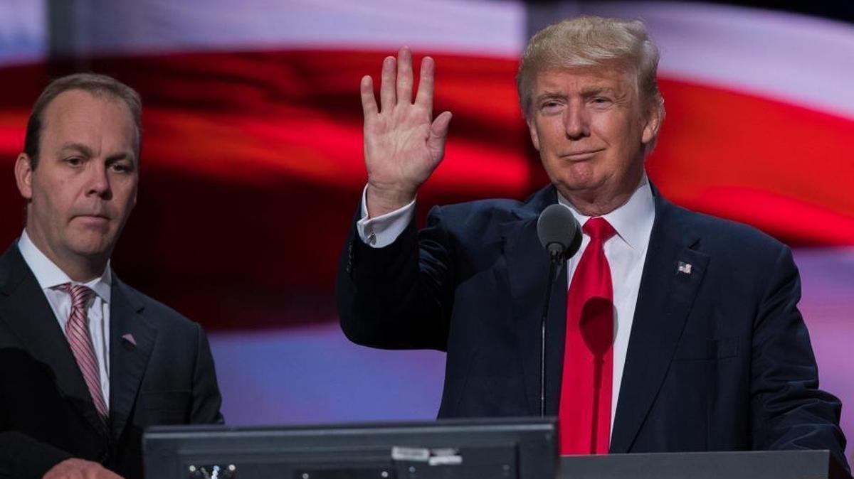 Then-Republican presidential candidate Donald Trump on stage with Rick Gates, left, at the Republican National Convention in Cleveland in July 2016.