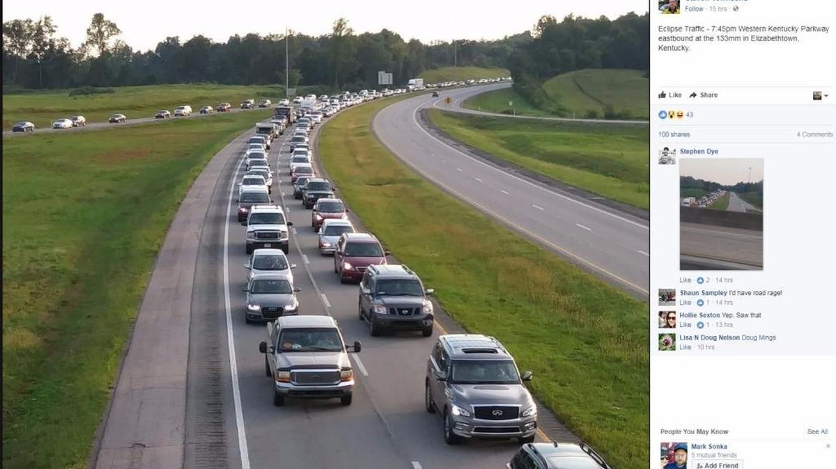 Western Kentucky Parkway eclipse traffic near Elizabethtown at 7:45 p.m. Monday, long after the eclipse concluded.