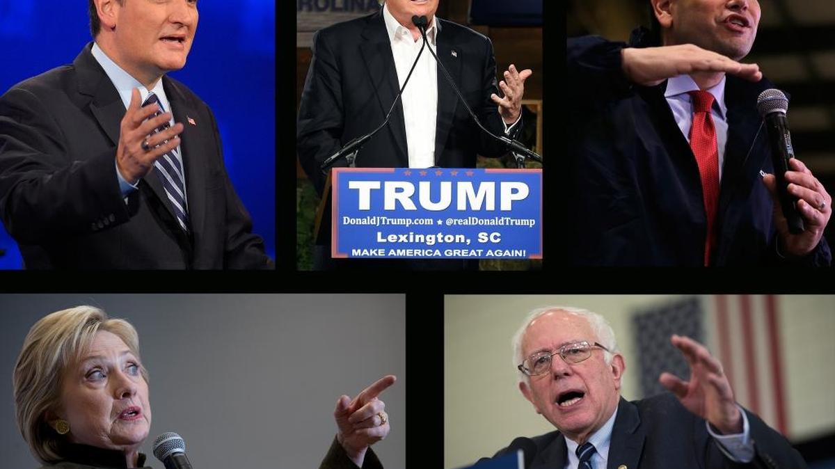 Republican presidential candidates Ted Cruz, Donald Trump, Marco Rubio, top left to right, and Democratic presidential candidates Hillary Clinton and Bernie Sanders, bottom left to right.