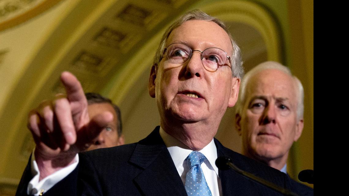 
In this July 8, 2015 file photo, Senate Majority Leader Mitch McConnell of Kentucky speaks to media after a policy luncheon on Capitol Hill in Washington. McConnell and other congressional leaders expressed doubts Sunday, July 12, 2015, about a historic agreement with Iran to address that country's nuclear program, predicting President Barack Obama could face hurdles in Congress if negotiators reach a final deal. 
