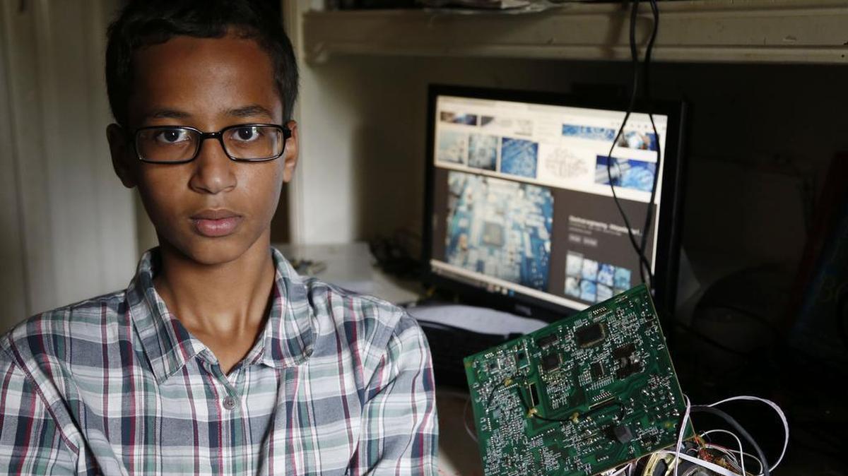 
Irving MacArthur High School student Ahmed Mohamed, 14, poses for a photo at his home in Irving, Texas, on Tuesday, Sept. 15, 2015. Mohamed was arrested and interrogated by Irving police officers on Monday after bringing a homemade clock to school. 
