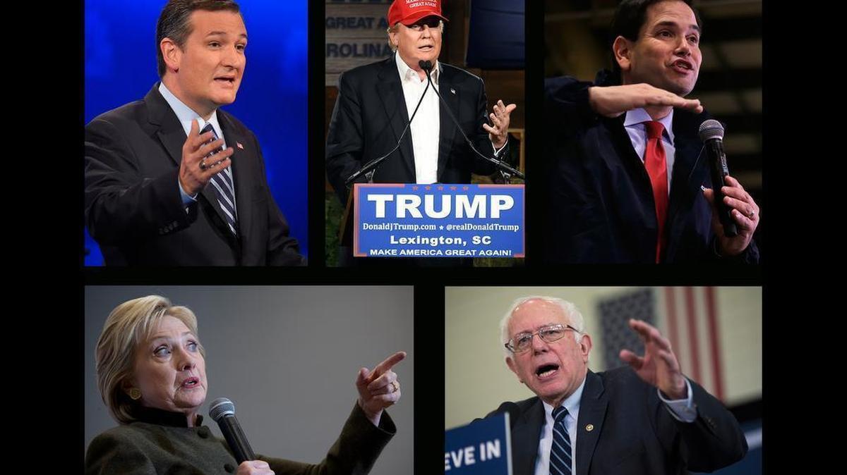 Republican presidential candidates Ted Cruz, Donald Trump, Marco Rubio, top left to right, and Democratic presidential candidates Hillary Clinton and Bernie Sanders, bottom left to right.