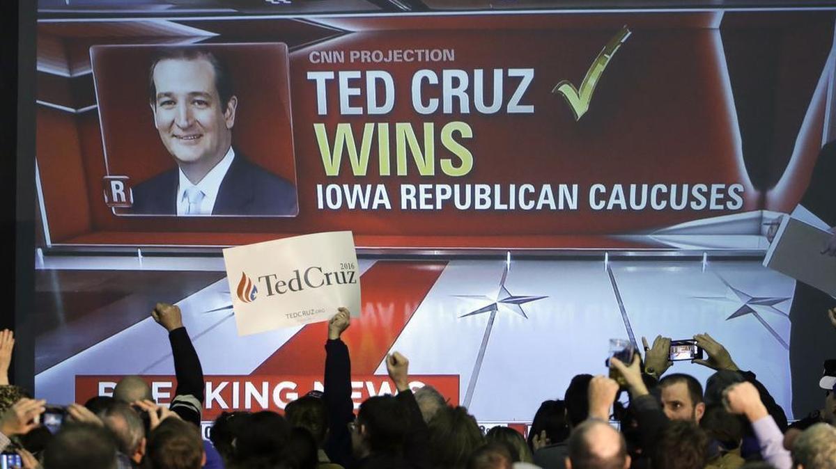 Supporters cheer as caucus returns are reported at Republican presidential candidate, Sen. Ted Cruz, R-Texas, caucus night rally, Monday, Feb. 1, 2016, in Des Moines, Iowa. (AP Photo/Chris Carlson)