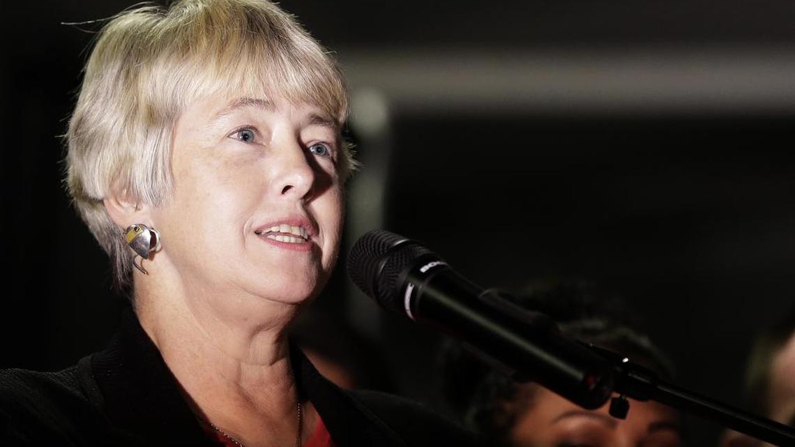 Houston Mayor Annise Parker speaks to supporters of the Houston Equal Rights Ordinance at a watch party Tuesday, Nov. 3, 2015, in Houston. The ordinance that would have established nondiscrimination protections for gay and transgender people in Houston did not pass.
