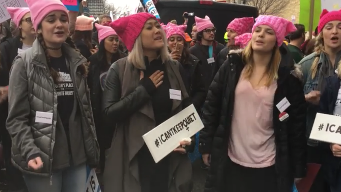 MILCK organized to have a group of women from all around the country sing “Quiet” at the Women’s March on Washington on Saturday. Many of the women practiced over Skype and some hadn’t met before that day.