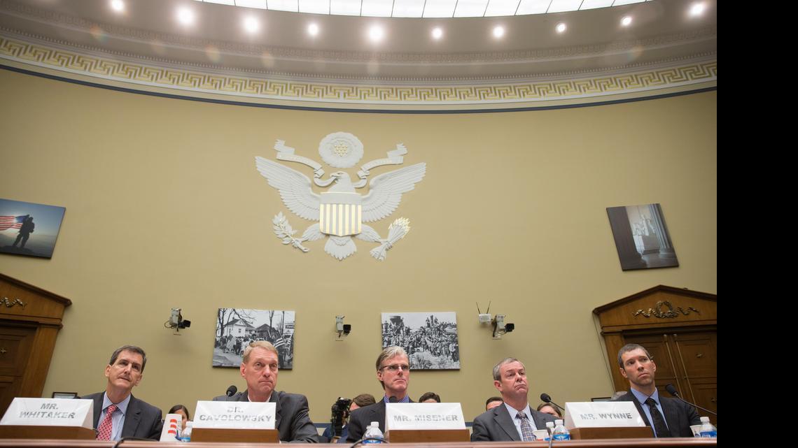 
From left, Federal Aviation Administration Deputy Administrator Michael Whitaker, National Aeronautics and Space Administration Airspace Systems Program Director Dr. John Cavolowsky, Amazon Global Public Policy Vice President Paul Misener, Association for Unmanned Vehicle Systems International President & CEO Brian Wynne, and Center for Democracy and Technology Advocacy Director and Senior Counsel Harley Geiger testifies on Capitol Hill in Washington, Wednesday, June 17, 2015, before the House Oversight and Government Reform Committee hearing on the economic impact of regulating drone technology for personal and commercial uses as well as privacy concerns on the economic impact of regulating drone technology for personal and commercial uses as well as privacy concerns. 
