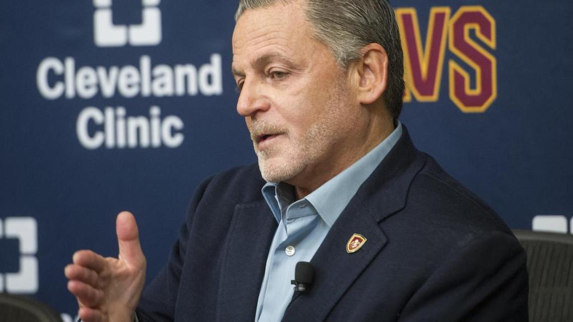 Cleveland Cavaliers chairman Dan Gilbert answers a question about Cavalier player Kyrie Irving's demand to be traded, during a news conference at the Cavaliers training facility in Independence, Ohio, Wednesday, July 26, 2017.