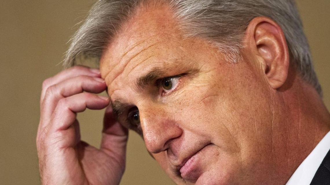 
House Majority Leader Kevin McCarthy of California pauses as he speaks about foreign policy during the John Hay Initiative on Monday at a hotel in Washington. McCarthy is widely expected to replace outgoing Speaker John Boehner, who announced his retirement Friday.
