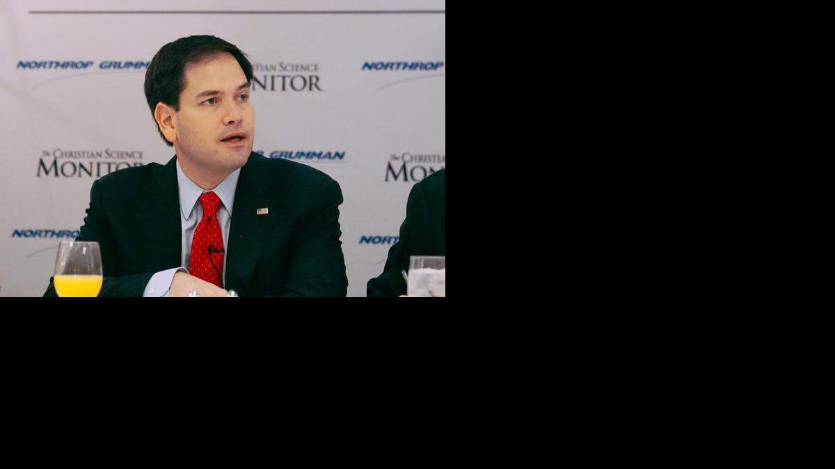 U.S. Sen. Marco Rubio of Florida, speaking with reporters Wednesday Jan. 21, 2015. (Bryan Dozier/The Christian Science Monitor)