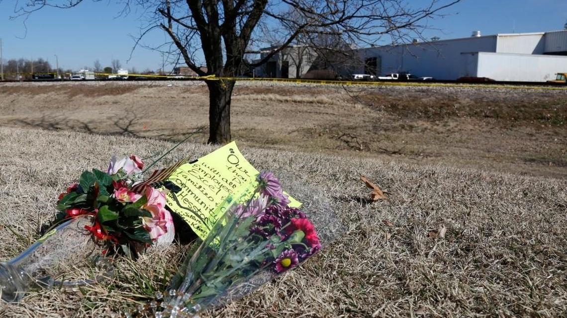 A makeshift memorial to shooting victims in Hesston, Kansas, on Feb. 26, 2016.