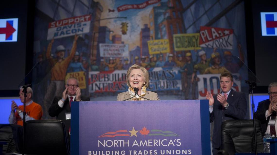 Democratic presidential candidate Hillary Clinton speaks at the 2016 Legislative Conference of North America’s Building Trades Unions in Washington on Tuesday, April 19, 2016.
