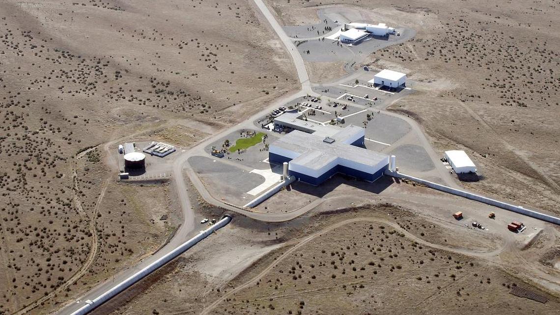 An aerial view of the Laser Interferometer Gravitational-wave Observatory, or LIGO, north of Richland at Hanford.
