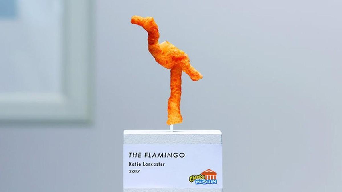 Cheetos is looking for the most uniquely shaped cheesy snack in the land — and it could be worth $50,000 to someone. This flamingo-shaped Cheeto is displayed at the temporary Cheetos Museum in Times Square.