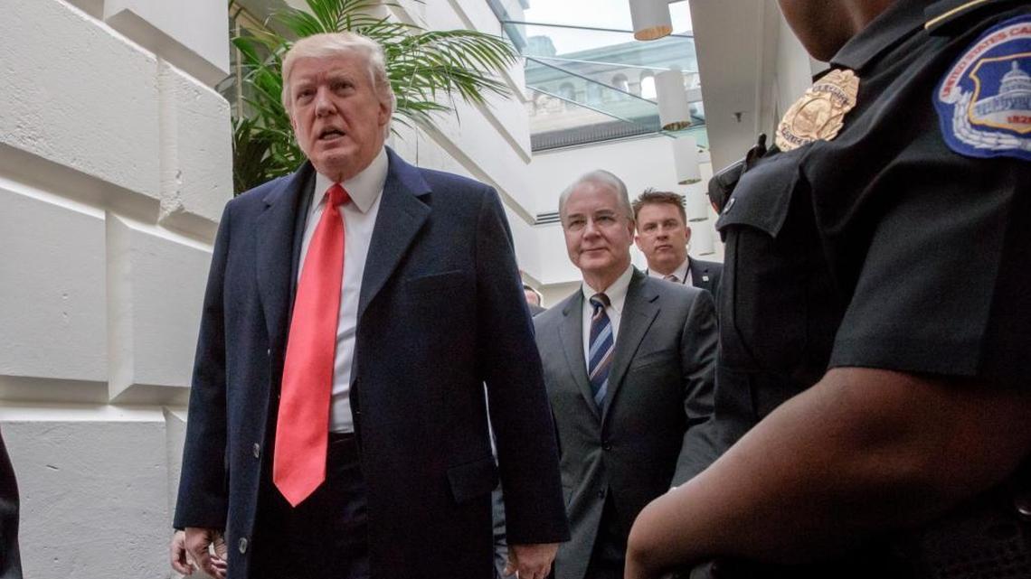 President Donald Trump, followed by Health and Human Services Secretary Tom Price, far right, leaves Capitol Hill in Washington, Tuesday, March 21, 2017, after rallying support for the Republican health care overhaul with GOP lawmakers.