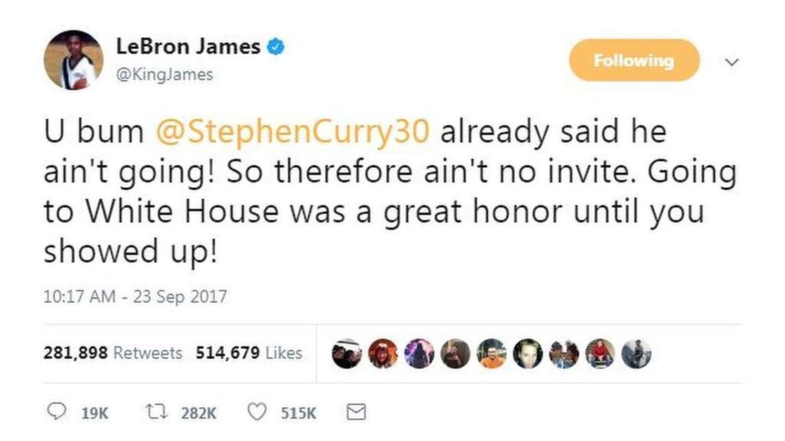 LeBron James lent his voice to the strong disapproval of Donald Trump’s recent attacks on pro athletes with this tweet that was retweeted 282,000 times in less than three hours Saturday.