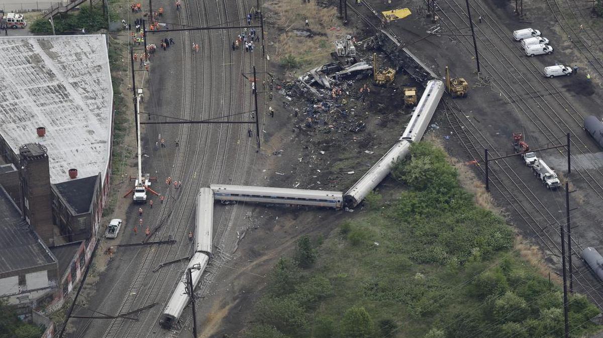 
An aerial photo Wednesday, May 13, 2015, in Philadelphia, shows the scene after a fatal Amtrak derailment Tuesday night, in the Port Richmond section of Philadelphia.
