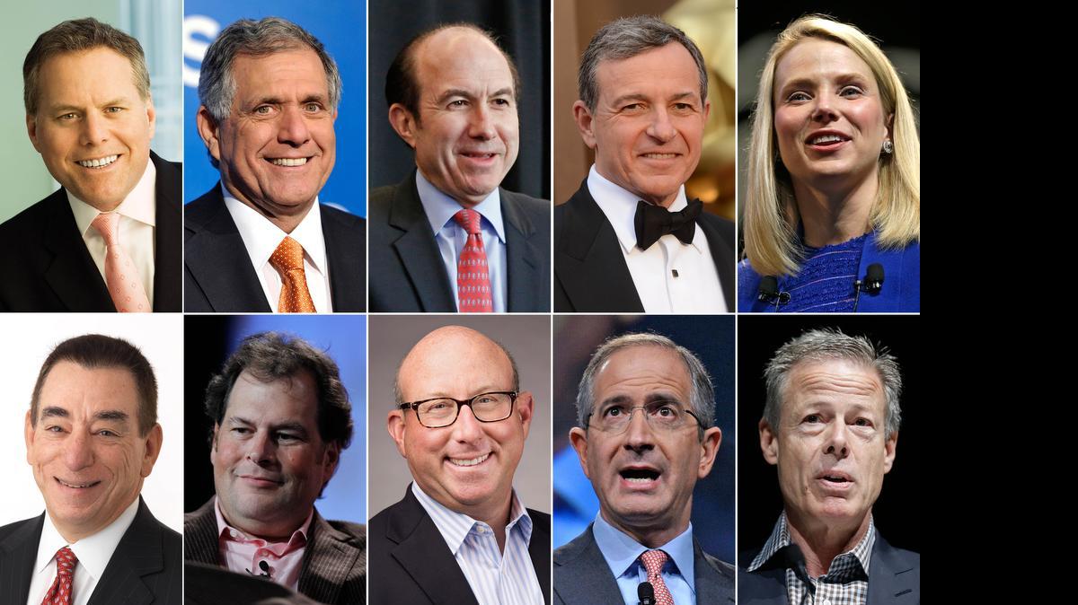 
This photo shows the ten highest-paid CEOs in 2014, according to a study carried out by executive compensation data firm Equilar and The Associated Press. Top row, from left: David Zaslav, Discovery Communications; Les Moonves, CBS; Philippe Dauman, Viacom; Robert Iger, Walt Disney; and Marissa Mayer, Yahoo. Bottom row, from left: Leonard Schleifer, Regeneron Pharmaceuticals; Marc Benioff, Salesforce; Jeffrey Leiden, Vertex Pharmaceuticals; Brian Roberts, Comcast; and Jeffrey Bewkes, Time Warner.

