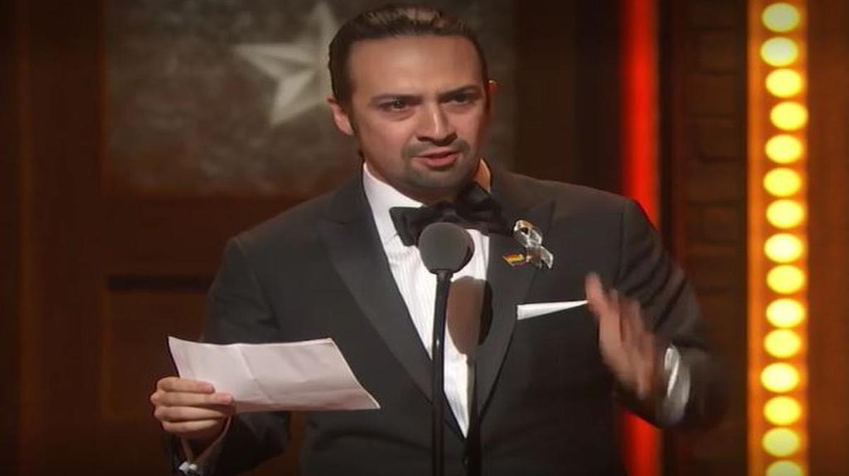 Lin-Manuel Miranda accepts the Tony for best score for “Hamilton.”