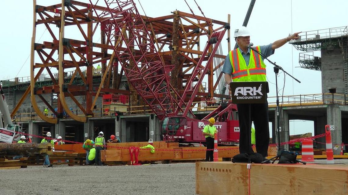 Ken Ham, founder of the Christian ministry Answers in Genesis, stands in front of a Noahs ark attraction being built in Williamstown, Ky., in June. A federal judge ruled Monday that Kentucky officials violated the ark builders’ First Amendment protections by blocking it from the sales tax tourism incentive that could have been worth up to $18 million.