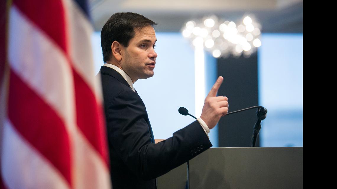 
U.S. Sen. Marco Rubio (R-Fla.), a presidential candidate, delivers a speech at the Town Hall Los Angeles event at the City Club in Los Angeles on April 28, 2015
