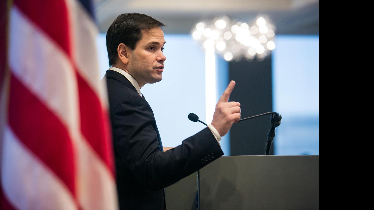 
U.S. Sen. Marco Rubio (R-Fla.), a presidential candidate, delivers a speech at the Town Hall Los Angeles event at the City Club in Los Angeles on April 28, 2015
