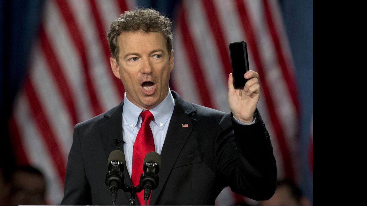 
Sen. Rand Paul, R-Ky., shown on April 7, 2015, took the Senate floor at 1:19 p.m. on Wednesday, May 20, 2015, and is expected to talk into the night as time grows short to renew Congressional authority for the National Security Agency’s spying program. 
 
