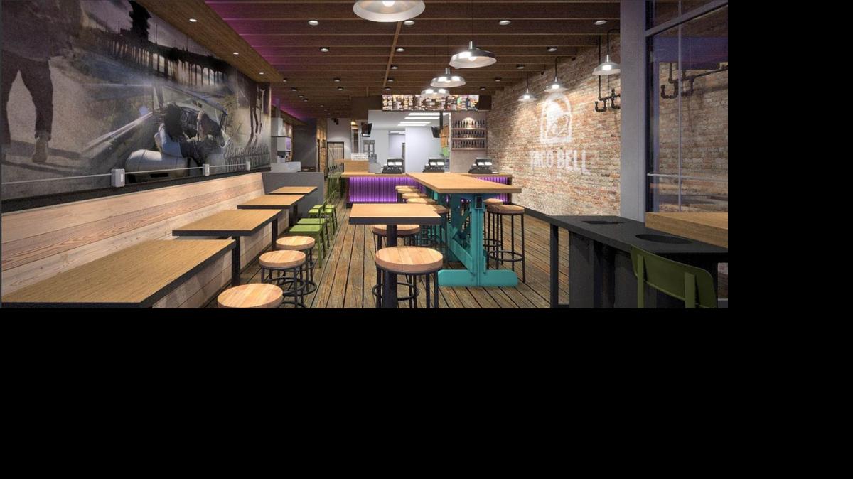 
This artist's rendering provided by Taco Bell Corp. shows the design of a new Taco Bell restaurant that serves alcohol in the Wicker Park neighborhood of Chicago. Taco Bell says it will serve beer, wine and "mixed alcohol freezes" at the new location, which will open this summer.
