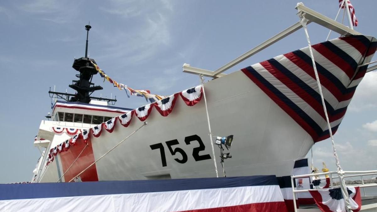 This photo from July 23, 2010, shows ceremonial bunting drapes over the third Coast Guard National Security Cutter Stratton in Pascagoula, Mississippi, at the Northrop Grumman Shipbuilding facility, now the Huntington Ingalls Industries facility.