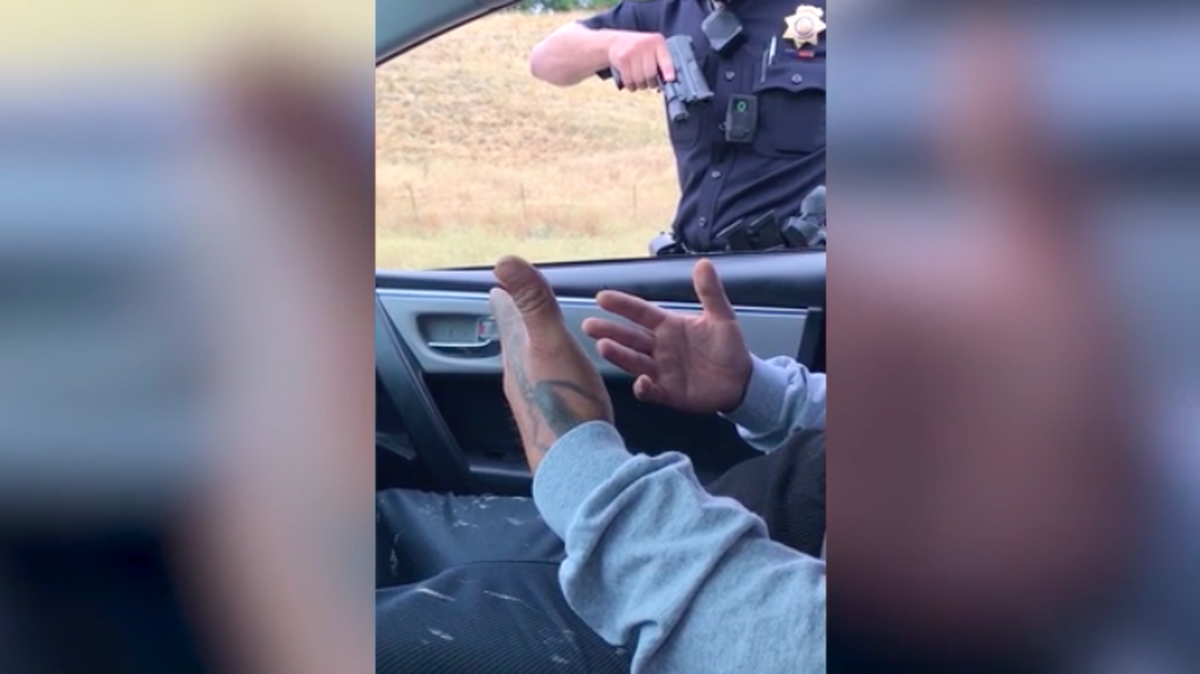 A video shows the July 26 traffic stop where a Campbell, Calif. police officer pointed his gun at a man for more than nine minutes. (Viral Hog)