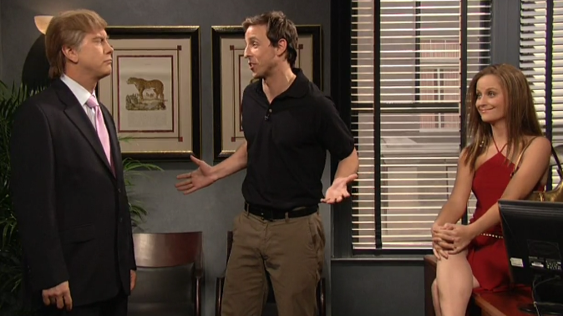 Darrell Hammond plays Donald Trump (left) in a sketch on “Saturday Night Live” about his soap opera cameo on “Days of Our Lives.” Seth Meyers (center) appears as the director and Amy Poehler (right) appears as actress Arianne Zucker, the subject of Trump’s lewd remarks in a 2005 clip just published by The Washington Post.