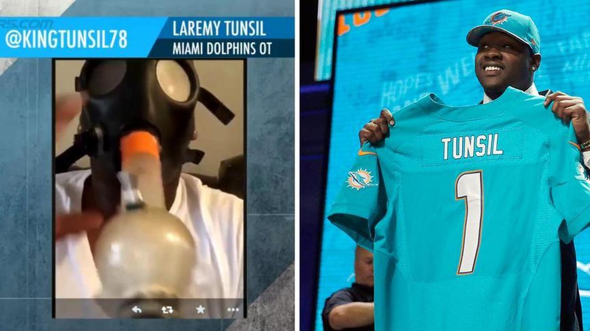 Minutes before the NFL draft began, a video of Laremy Tunsil smoking a bong through a gas mask was posted on his Twitter account. He was originally pegged as a No. 1 draft; Miami took him as a 13th round pick.